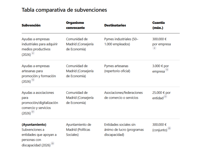 INFORMACIÓN PUNTUAL SUBVENCIONES MADRID PARA EMPRESAS